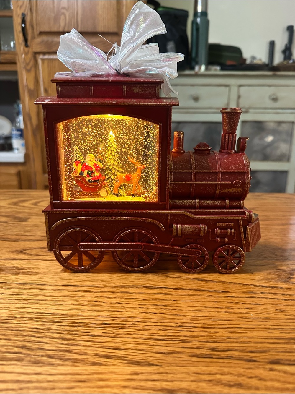 Vintage light up singing Holiday Red Glitter Train Water Globe with Ribbon